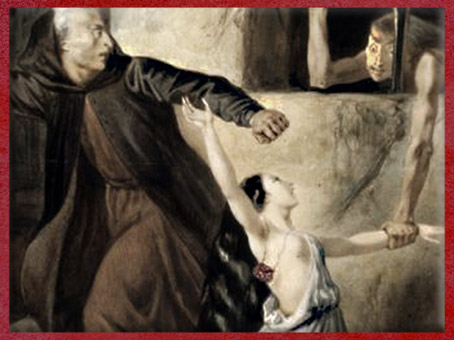 D'après Notre-Dame de Paris de Victor Hugo, illustration de Louis Boulanger, Frollo, Esmeralda et La Sachette, détail, 1833, aquarelle, XIXe siècle. (Marsailly/Blogostelle)