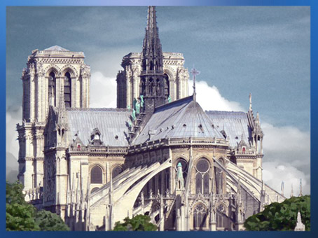 D'après la cathédrale Notre-Dame de Paris, chevet et arcs-boutants, 1163-début XIVe siècle, art gothique, restauration XIXe siècle. (Marsailly/Blogostelle)