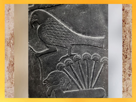 D’après le faucon Horus, un captif et le signe milliers, détail, palette à fard de Narmer, schiste, vers 3000 avjc, début dynastie Thinite, Hiérakonpolis, Égypte Ancienne. (Marsailly/Blogostelle)