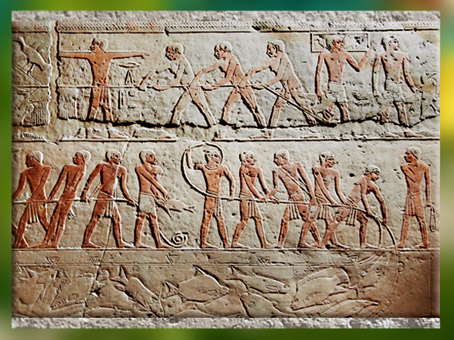 D'après la chasse aux oiseaux et la pêche, chapelle du mastaba d'Akhethetep et Ptahhotep, 2750-2625 avjc, Ve dynastie, Ancien Empire, Saqqara, Égypte Ancienne. (Marsailly/Blogostelle)