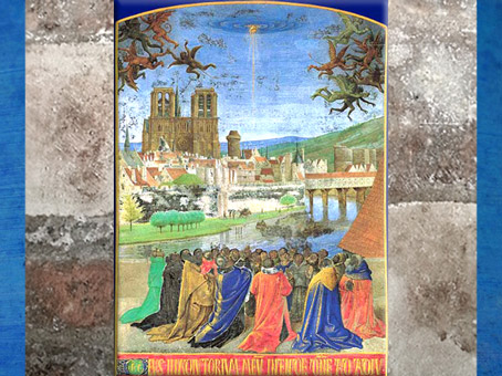 D'après Notre-Dame de Paris, La Descente du Saint Esprit, Heures d'Étienne Chevalier, enluminure, Jean Fouquet, XVe siècle. (Marsailly/Blogostelle)
