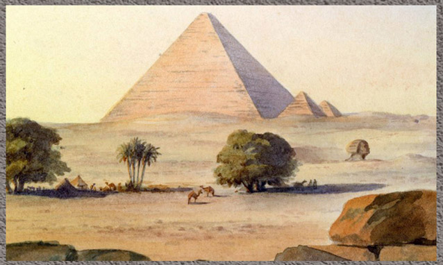 D'après La pyramide de Khéops, et sphinx ensablé, plateau de Gizeh, détail, Émile Prisse d’Avennes, aquarelle, XIXe siècle. (Marsailly/Blogostelle)