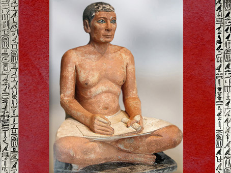 D’après le Scribe accroupi, calcaire peint, yeux en cuivre incrusté de cristal de roche, IVe ou Ve dynastie, entre 2930 et 2625 avjc, Ancien Empire, Saqqara, Égypte Ancienne. (Marsailly/Blogostelle)