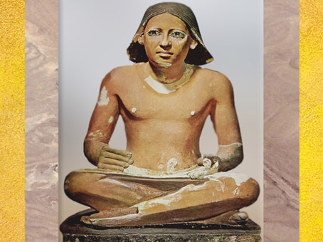 D’après un scribe anonyme, statue en calcaire peint, Saqqara, Ancien Empire, Égypte Ancienne. (Marsailly/Blogostelle)