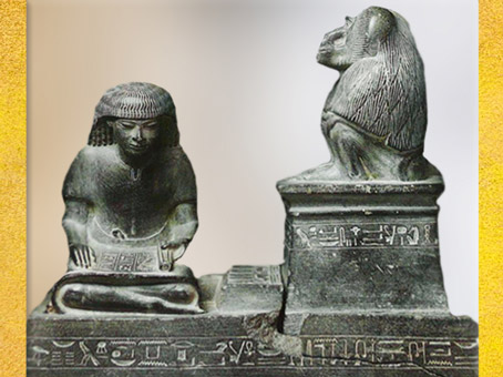 D’après Nebméroutef, scribe royal, chancelier et grand prêtre, sous la protection de Thot Babouin, règne d’Aménophis III, XVIIIe dynastie, Nouvel Empire, Égypte Ancienne. (Marsailly/Blogostelle)