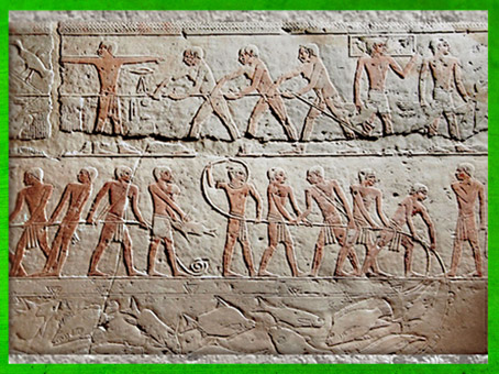 D'après une scène de chasse aux oiseaux et de pêche, mastaba d'Akhethetep et de son fils Ptahhotep, Ve dynastie, Ancien Empire, Saqqara, Égypte Ancienne. (Marsailly/Blogostelle)