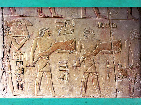 D'après des porteurs de victuailles, mastaba d'Akhethetep, et de son fils Ptahhotep, Ve dynastie, Ancien Empire, Saqqara, Égypte Ancienne. (Marsailly/Blogostelle) 