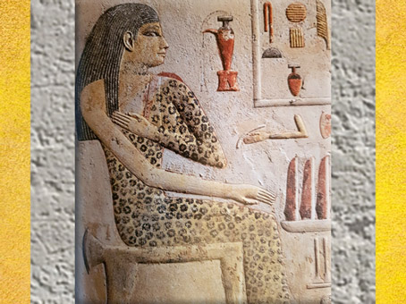 D’après Nefertiabet et sa robe léopard, détail, calcaire peint, IVe dynastie, règne de Khéops, Ancien Empire, Gizeh, Saqqara, Égypte Ancienne. (Marsailly/Blogostelle)