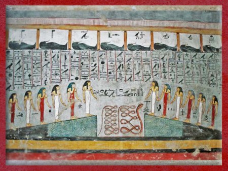 D'après le serpent Apophis, voyage de Rê, Livre des Portes, tombe de Ramsès Ier, XIXe dynastie, vers 1350-1205 avjc, Nouvel Empire, Vallée de rois, Égypte Ancienne. (Marsailly/Blogostelle)