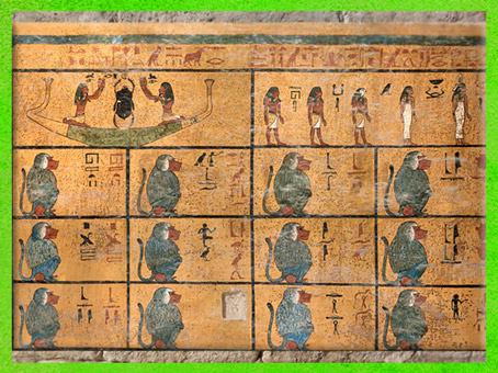 D’après Khépri dans la barque Mandjet, et le cycle des 12 heures (babouins), tombe de Toutankhamon XVIIIe dynastie, vers 1580-1350 avjc, Nouvel Empire, Égypte Ancienne. (Marsailly/Blogostelle)
