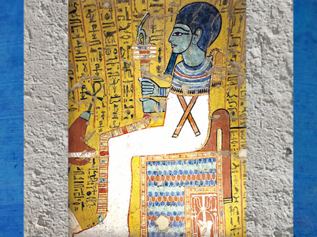 D’après le dieu Ptah, sceptre ouas et pilier djed, peinture, tombe d'Irynéfer, XIXe dynastie, sous Ramsès II, Deir el-Médineh, Nouvel Empire, Égypte Ancienne. (Marsailly/Blogostelle
