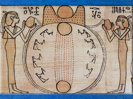 D’après la Création et le Soleil posé sur l’Horizon, papyrus funéraire de Khensumose, prêtre d'Amon-Rê, Livre des Morts, XXIe dynastie, Égypte Ancienne. (Marsailly/Blogostelle)