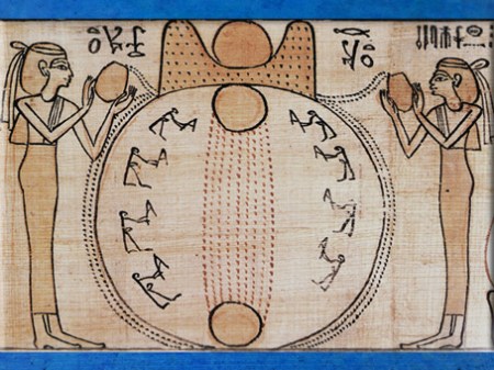 D’après la Création et le Soleil posé sur l’Horizon, papyrus funéraire de Khensumose, prêtre d'Amon-Rê, Livre des Morts, XXIe dynastie, Égypte Ancienne. (Marsailly/Blogostelle)