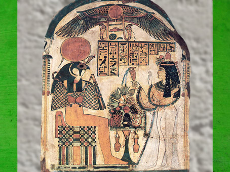 D’après Rê-Horakhty qui reçoit offrandes et libation, stèle de Dame Djedkhonsuiwesankh, vers 950–700 avjc, Égypte Ancienne. (Marsailly/Blogostelle)