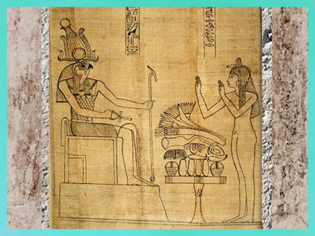 D’après Rê-Horakhty, Livre des morts de Nestanebetisheru, papyrus Greenfield, vers 950 - 930 avjc, fin XXI-début XXIIe dynastie, Troisième période Intermédiaire, Égypte Ancienne. (Marsailly/Blogostelle)