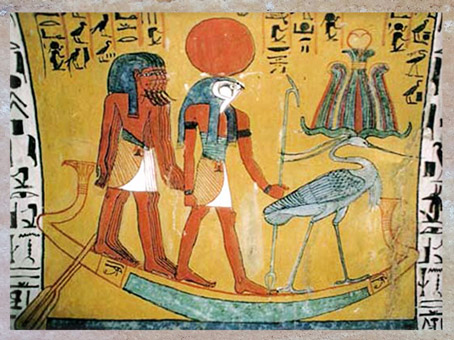 D’après le dieu Soleil Rê et l’oiseau benou coiffé de la couronne Atef dans la barque solaire, peinture funéraire, vers 1200 avjc, Nouvel Empire, Égypte Ancienne. (Marsailly/Blogostelle)