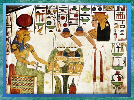 D’après la déesse Hathor, qui reçoit les offrandes de la reine Nefertari, époque de Ramsès II, petit temple d'Abou Simbel, XIXᵉ dynastie, Nouvel Empire, Égypte Ancienne. (Marsailly/Blogostelle)