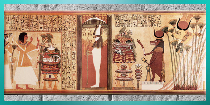 D’après le dieu Rê-Horakhty momifié et la déesse Vache Hathor, papyrus d’Ani, XIXe dynastie, vers 1319 - 1196 avjc, Nouvel Empire, Égypte Ancienne. (Marsailly/Blogostelle)