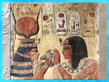 D’après Hathor, le collier menat et Séthi Ier, calcaire peint, tombe de Séthi Ier, XIXe dynastie, Vallée des Rois, Nouvel Empire, Égypte Ancienne. (Marsailly/Blogostelle)