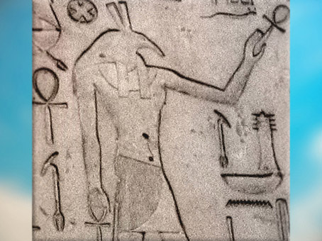 D’après le dieu Seth à tête de canidé, stèle du roi Thoutmosis, linteau, temple de Seth, XVIIIe dynastie Nouvel Empire, Égypte Ancienne. (Marsailly/Blogostelle)