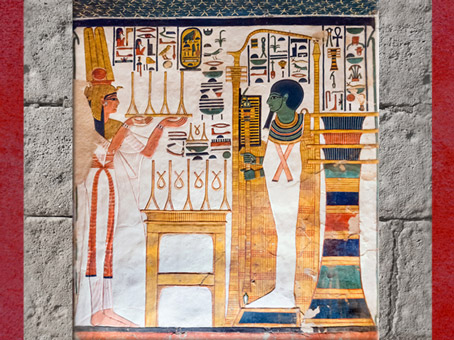 D'après le dieu Ptah et le pilier Djed d'Osiris, tombe de Néfertari, épouse de Ramsès II, XIXe dynastie, Nouvel Empire, Égypte Ancienne. (Marsailly/Blogostelle)