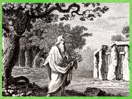 D'après l'imagerie du druide, avec gui, chêne et mégalithes, Les Antiquités d'Angleterre et du Pays de Galles, de Grose, Londres, détail, XVIIIe siècle. (Marsailly/Blogostelle)
