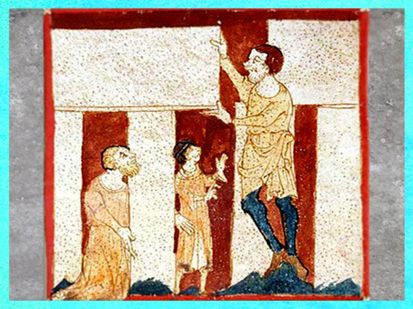 D'après le druide Merlin aidé d'un géant pour construire Stonehenge, manuscrit du Roman de Brut, Wace, XIIe siècle, art médiéval. (Marsailly/Blogostelle)