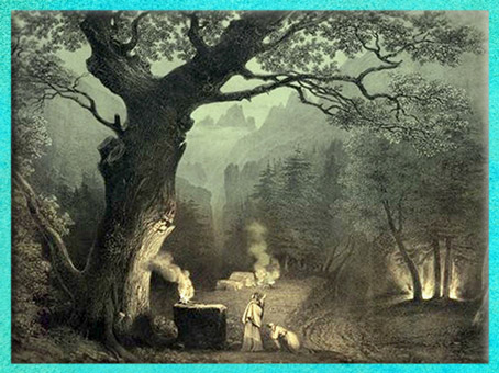 D'après La Forêt des druides, scène du Théâtre Royal Italien à Paris, Bellini, opéra de Norma, estampe, 1837, dessin de Kunstler Villeneuve, XIXe siècle. (Marsailly/Blogostelle)