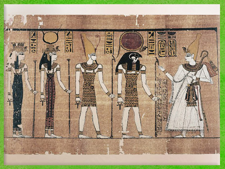 D’après le dieu Soleil Rê-Horakhty, Hathor, Isis et Osiris, dieux d'Héliopolis, époque de Ramsès III, papyrus Harris, XXe dynastie, Nouvel Empire, Égypte Ancienne. (Marsailly/Blogostelle)