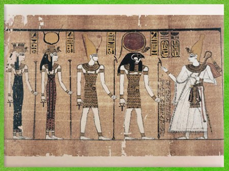 D’après le dieu Soleil Rê-Horakhty, Hathor, Isis et Osiris, dieux d'Héliopolis, époque de Ramsès III, papyrus Harris, XXe dynastie, Nouvel Empire, Égypte Ancienne. (Marsailly/Blogostelle)