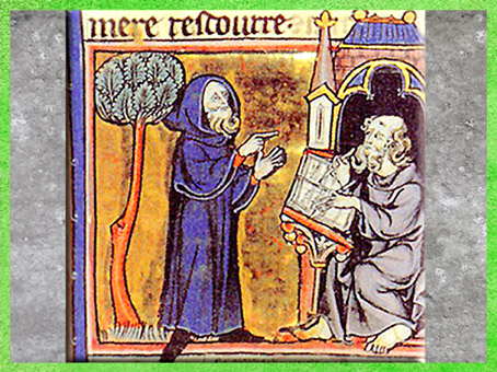 D'après le druide Merlin qui dicte un poème, manuscrit français, XIIIe siècle, art médiéval. (Marsailly/Blogostelle)