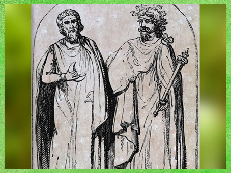 D'après deux druides, bas-relief, cathédrale d'Autun, art médiéval, gravure de Bernard de Montfaucon, 1719 apjc, XVIIIe siècle. (Marsailly/Blogostelle)