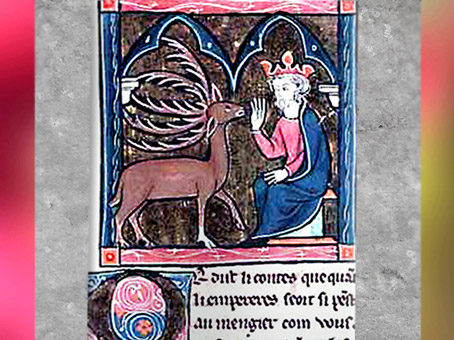 D'après Merlin changé en cerf face au roi, manuscrit anonyme, cycle de Lancelot et du Graal, 1286, XIIIe siècle, art médiéval. (Marsailly/Blogostelle)