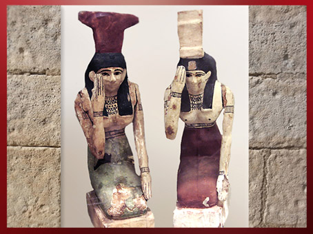 D’après les déesses Isis et Nephtys en pleureuses, terre cuite peinte, époque Ptolémaïque, Égypte Ancienne. (Marsailly/Blogostelle)