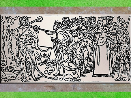 D'après Ogmios-Hercule, massue et chaînes, Champ Fleury de Geoffroy Tory, extrait, 1529 apjc, XVIe siècle. (Marsailly/Blogostelle)