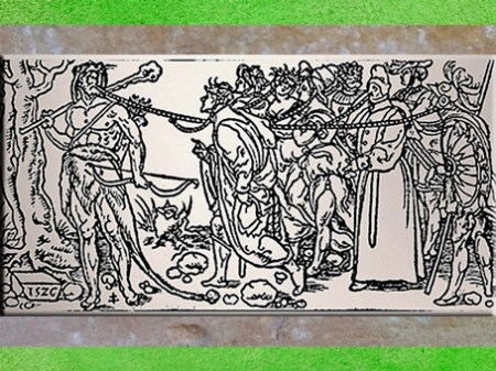 D'après Ogmios-Hercule, massue et chaînes, Champ Fleury de Geoffroy Tory, extrait, 1529 apjc, XVIe siècle. (Marsailly/Blogostelle)