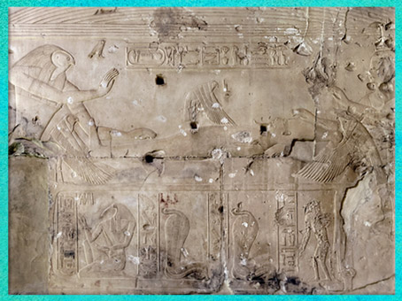 D’après la déesse Isis-oiseau milan, fécondée par Osiris, chapelle de Sokar-Osiris, temple funéraire de Sethi Ier, XIXe dynastie, Abydos, Nouvel Empire, Égypte Ancienne. (Marsailly/Blogostelle)