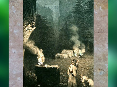 D’après la Forêt des Druides, détail, Bellini, opéra de Norma, scène du Théâtre Royal Italien à Paris, lithographie coloriée, vers 1835, inspirée de Kunstler Villeneuve, XIXe siècle. (Marsailly/Blogostelle)