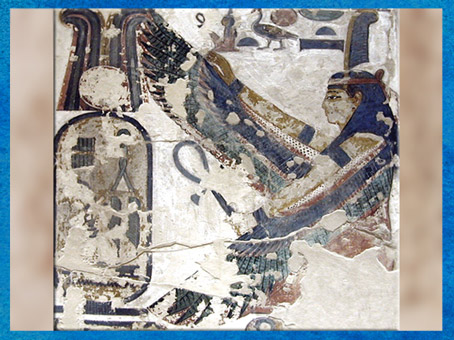 D'après la déesse Maât et cartouche royal, tombe de Séthi I, XIXe dynastie, Vallée des Rois, Nouvel Empire, Égypte Ancienne. (Marsailly/Blogostelle)