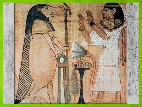 D'après Taouret-Thouéris, papyrus funéraire de Taruma, Livre pour Sortir au Jour (dit Livre des Morts), IIe siècle avjc, Époque ptolémaïque, Égypte Ancienne. (MarsaillyBlogostelle)