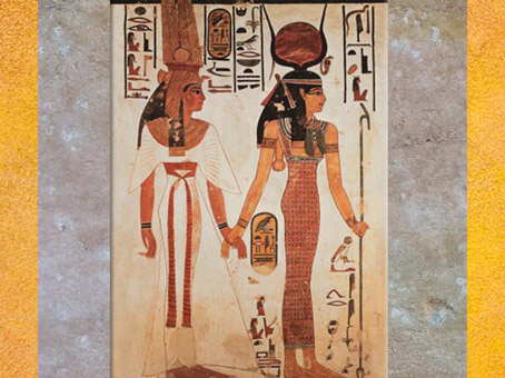 D'après la déesse Isis, cornes et disque solaire, tombe de Nefertari, Vallée des Reines, Thèbes, Louxor, XIXe dynastie, Nouvel Empire, Égypte Ancienne. (Marsailly/Blogostelle)