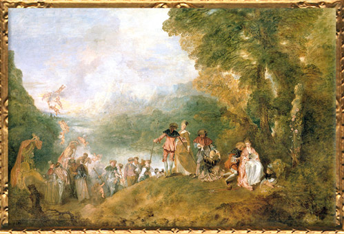 D’après le Pèlerinage à l'île de Cythère, Antoine Watteau, huile sur toile achevée en 1717, XVIIIe siècle apjc, période Rocaille, France. (Marsailly/Blogostelle)