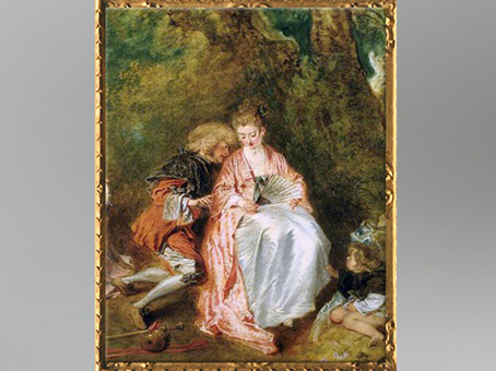 D'après le couple à l'éventail, Pélerinage à l'île de Cythère, Antoine Watteau, huile sur toile, 1717, XVIIIe siècle, période Rocaille. (Marsailly/Blogostelle)