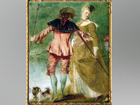 D’après un couple d’amants, Pèlerinage à l'île de Cythère, détail, Antoine Watteau, 1717, huile sur toile, XVIIIe siècle apjc, période Rocaille. (Marsailly/Blogostelle)