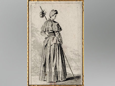 D’après une dame, Pèlerine, comédie théâtrale de Dancourt, Les Trois Cousines, 1700, Watteau, gravure de Deplace, XVIIIe siècle, XVIIIe siècle, période Rocaille. (Marsailly/Blogostelle)