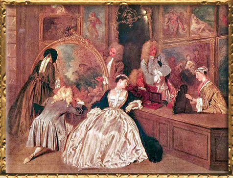 D'après L'Enseigne, dite de Gersaint, détail, Antoine Watteau, 1720, huile sur toile, château de Charlottenburg, XVIIIe siècle, période Rocaille. (Marsailly/Blogostelle)