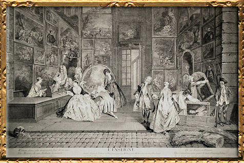 D'après L’Enseigne, galerie Gersaint, Antoine Watteau, graveur Pierre-Alexandre Aveline, 1732, XVIIIe siècle. (Marsailly/Blogostelle)