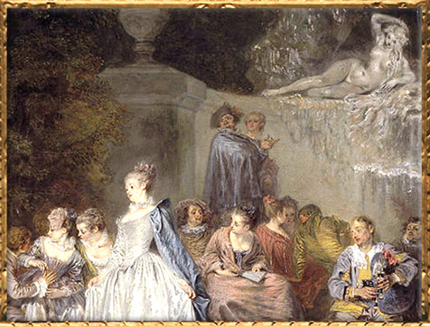 D'après Les Fêtes Vénitiennes, détail, Antoine Watteau, 1718-1719, XVIIIe siècle, période Rocaille. (Marsailly/Blogostelle)