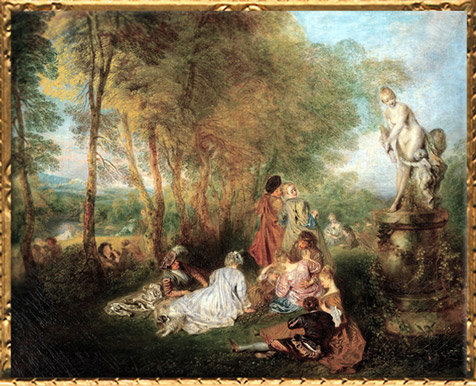D’après Les plaisirs de l’Amour, Antoine Watteau, huile sur toile, 1718-1719, XVIIIe siècle, période Rocaille. (Marsailly/Blogostelle)