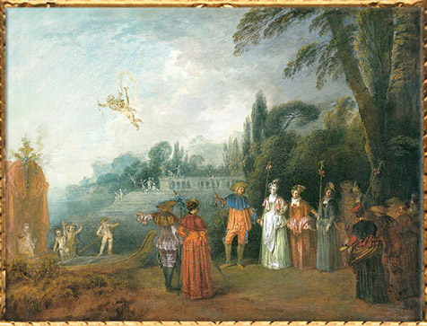 D’après Embarquement pour l’île de Cythère, Antoine Watteau, huile sur toile, vers 1709-1710, XVIIIe siècle apjc, période Rocaille, Francfort. (Marsailly/Blogostelle)